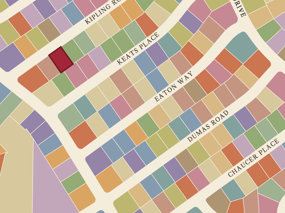 Close-up showing one lot marked in crimson beside Kipling Road and Keats Place